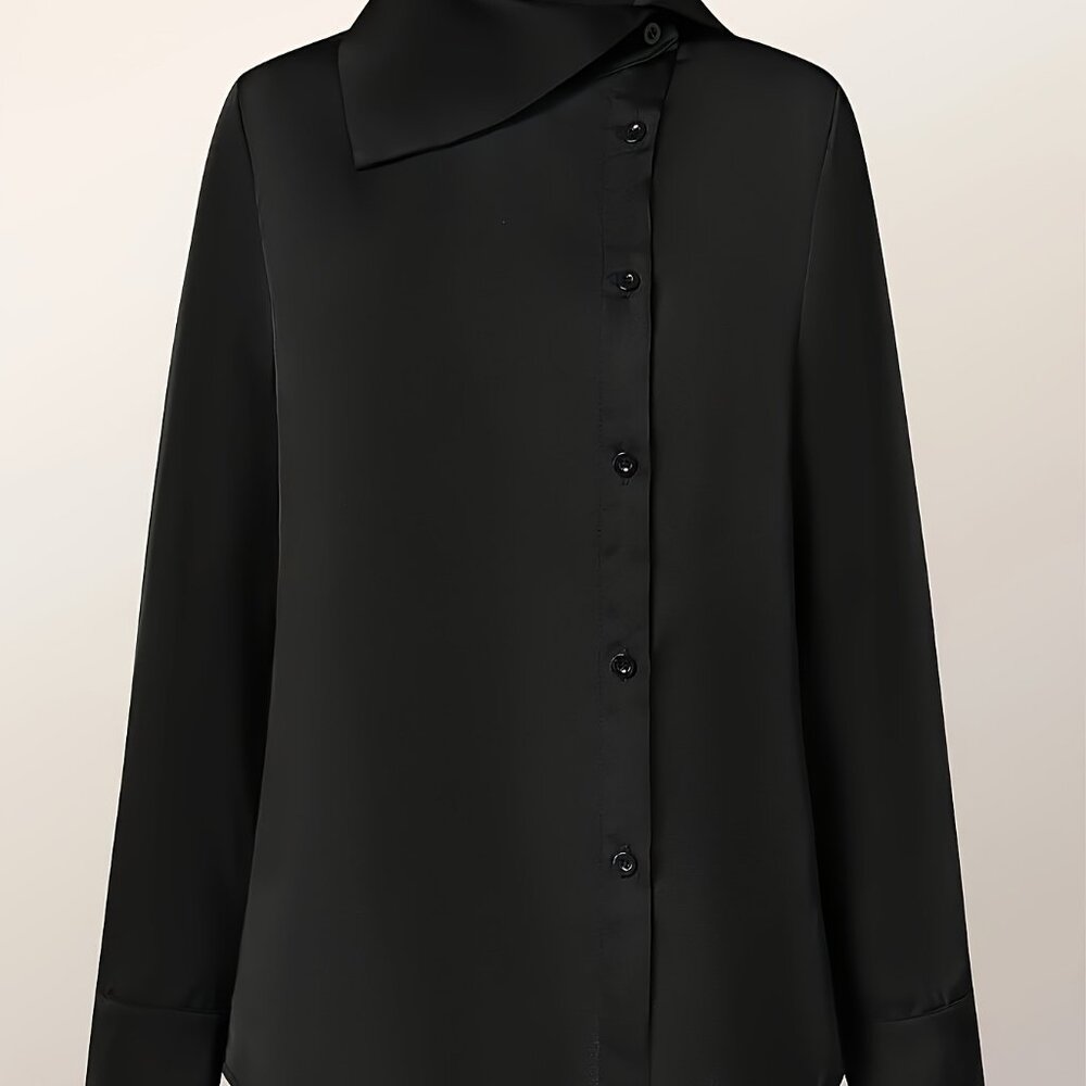 Passion Elegant Solid Button Front Asymmetrical Neck Blouse - Picture 3 of 4